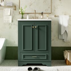 Bathroom Vanity With Ceramic Sink Combo, Modern Freestanding Storage Cabinet With Silver Handles, Soft Closing Doors - Green