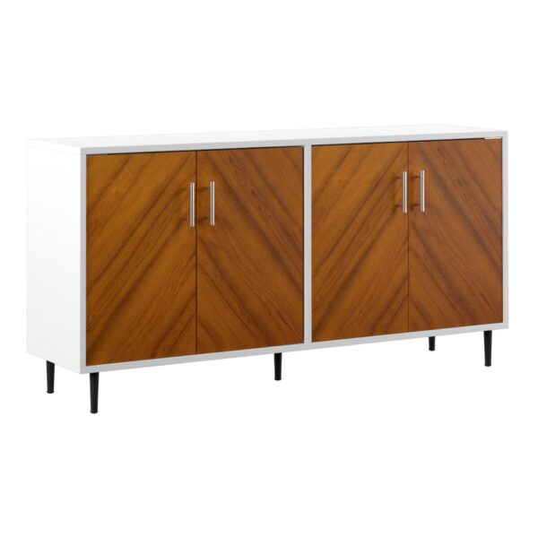 Mid-Century Modern Faux Bookmatch Door Buffet - White / Teak
