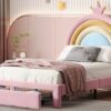 Twin Size Upholstered Rainbow Design Bed, Velvet Princess Platform Bed With Storage Drawer, No Box - Spring Needed - Colorful / Pink - Image 5