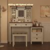 Farmhouse Makeup Vanity Desk With Adjustible LED Lighted Mirror And Charging Station For Bedroom, Dressing Vanity Table With Side Cabinet And Cushioned Stool - White - Image 9