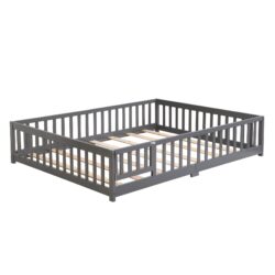 Twin Size Floor Bed With Door Platform Bed Frame Safety Guardrails - Gray