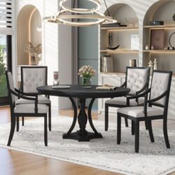 5 Piece Dining Set Retro Extendable Round Table And 4 Chairs For Kitchen Dining Room - Black