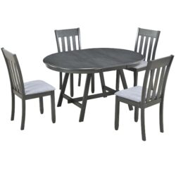 Modern Farmhouse 5 Piece Wood Dining Table Set With Extendable Round Table And 4 Chairs - Gray