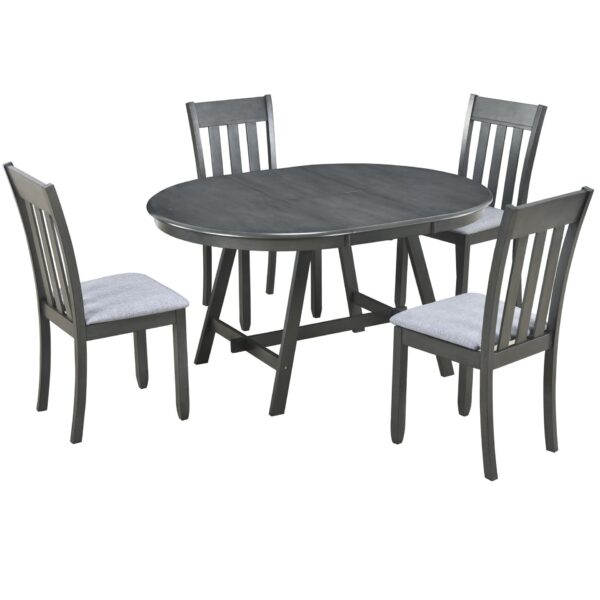 Modern Farmhouse 5 Piece Wood Dining Table Set With Extendable Round Table And 4 Chairs - Gray