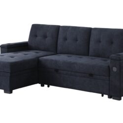 Ashlyn II - Woven Fabric Reversible Sleeper Sectional Sofa With Storage Chaise, Storage Arm, Cup Holder, Charging Ports, Side Pockets, and Pocket Coil Seating - Dark Gray