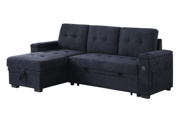 Ashlyn II - Woven Fabric Reversible Sleeper Sectional Sofa With Storage Chaise, Storage Arm, Cup Holder, Charging Ports, Side Pockets, and Pocket Coil Seating - Dark Gray