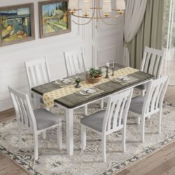 7 Piece Dining Table Set Retro Style With Extendable Table And 6 Upholstered Chairs - Antique Brown / White