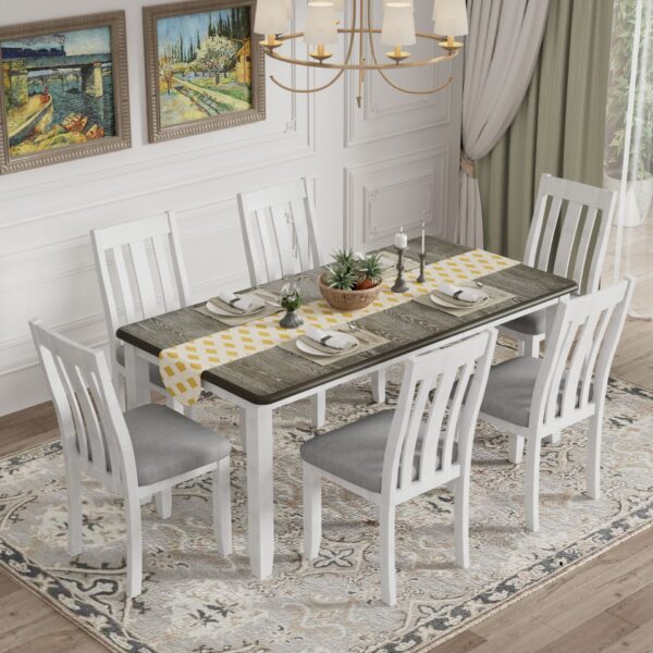 7 Piece Dining Table Set Retro Style With Extendable Table And 6 Upholstered Chairs - Antique Brown / White