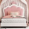Twin Size Upholstered Princess Bed & Crown Headboard, Platform Bed With Headboard And Footboard - White / Pink - Image 13