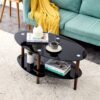 Oval Glass Coffee Table, Modern Table In Living Room Oak Wood Leg Tea Table 3-Layer Tempered Glass Table - Brown / Black - Image 4