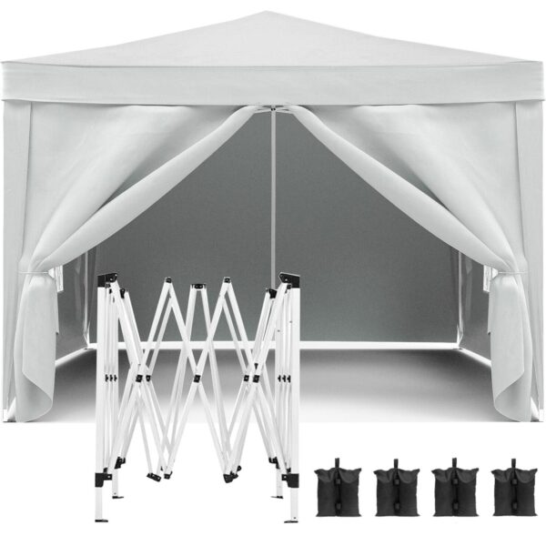 10'X10' Folding Canopy With 4 Removable Sidewalls Outdoor Event Shelter UPF 50+ Gazebo Portable Tents For Parties Beach Camping Wedding Ez Pop Up Canopy 4 Pieces Weight Bag + Carry Bag - White