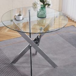 Dining Table With Cross Metal Leg And Tempered Glass, Modern Space Saving Kitchen Table For Living Room Legs - Chrome