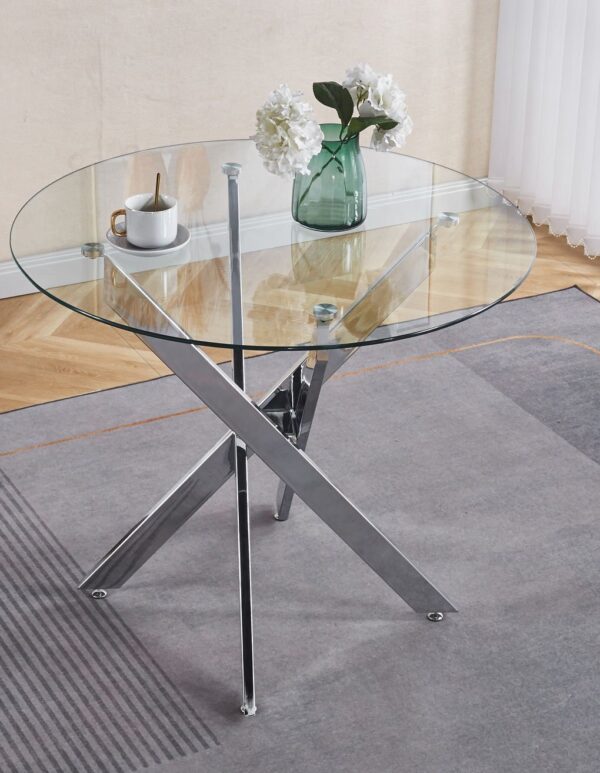 Dining Table With Cross Metal Leg And Tempered Glass, Modern Space Saving Kitchen Table For Living Room Legs - Chrome