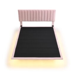 Queen Size Upholstered Bed With Sensor Light And Headboard, Floating Platform Bed - Pink