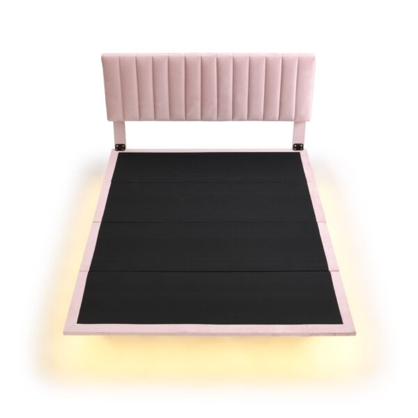 Queen Size Upholstered Bed With Sensor Light And Headboard, Floating Platform Bed - Pink
