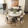 Modern Sintered Stone Dining Table With Round Turntable Metal Pedestal And 8 Chairs - White - Image 5