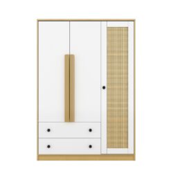 3 Doors Rattan Wardrobe Storage For Bedroom, With 2 Drawers - White / Nature