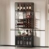 82.7" Industrial Standing Wine Rack With Glass Rack Tall Freestanding Floor Bar Cabinet - Walnut / Black - Image 11