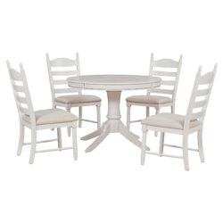 5 Piece Retro Functional Dining Table Set With Extendable Round Table And Upholstered Chairs - Antique White