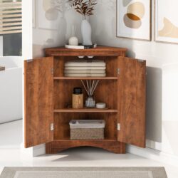 Triangle Bathroom Storage Cabinet With Adjustable Shelves, Freestanding Floor Cabinet For Home Kitchen - Brown