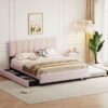 Queen Size Upholstered Platform Bed With 2 Drawers And 1 Trundle, Classic Strip Headboard Design - Pink - Image 14