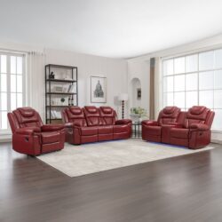 3 Pieces Recliner Sofa Sets Home Theater Seating Manual Recliner Chair With Center Console And Led Light Strip For Living Room - Wind Red