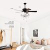 52" Crystal Shade Ceiling Fan Lamp, 3 Speed, 4 Timing, 5 Reversible Blades Crystal Ceiling Fan, 5 Pieces X E12 (No Include Bulb), Hand Pull Chain - Matte Black - Image 6