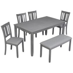 6 Pieces Kitchen Dining Set, Rectangular Wooden Dining Table With 4 Upholstered Chairs And A Bench, Dining Table Set For 6 People, Living Room, Home Bar And Kitchen - Gray