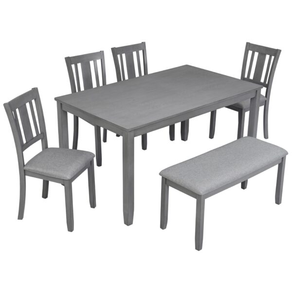 6 Pieces Kitchen Dining Set, Rectangular Wooden Dining Table With 4 Upholstered Chairs And A Bench, Dining Table Set For 6 People, Living Room, Home Bar And Kitchen - Gray