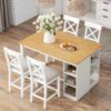 Solid Wood Farmhouse Counter Height Dining Table Set With 3 Tier Storage Shelves, Upholstered Dining Chairs For 4, 5 Piece - White - Image 2