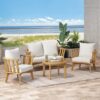 4 Pieces Acacia Wood Patio Furniture Set, Outdoor Furniture With Coffee Table, Patio Conversation Set Deep Seating With Soft Cushion, Porch Chairs For Backyard Porch Balcony - Teak / White - Image 4
