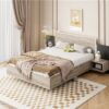 Queen Size Floating Platform Bed, With LED Lights, Bedside Nightstand - Natural - Image 9