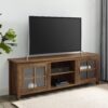 Modern Farmhouse 2 Door Glass Windowpane 70" TV Stand For 80" TVs - Rustic Oak - Image 4