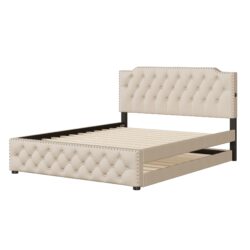 Queen Size Upholstered Platform Bed With Twin Size Trundle And 2 Sets Of USB Ports On Each Side - Beige