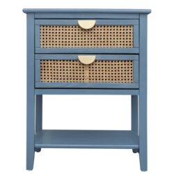 2 Drawer Side Table, Natural Rattan, American Furniture, End Table Suitable For Bedroom, Living Room, Or Study - Blue
