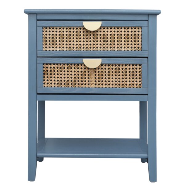 2 Drawer Side Table, Natural Rattan, American Furniture, End Table Suitable For Bedroom, Living Room, Or Study - Blue
