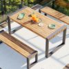 3 Pieces Outdoor Dining Table With 2 Benches, Patio Dining Set With Unique Top Texture, Acacia Wood Top & Steel Frame, All Weather Use, For Outdoor & Indoor - Natural - Image 5