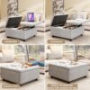 Large Square Storage Bench, Footstool With 2 Storage Doors, Mid - Century Modern Coffee Table For Living Room, Nailhead Inlay - Light Gray - Image 3