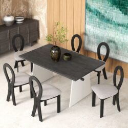Modern 7 Piece Dining Table Set With Trestle Dining Table And 6 Upholstered Dining Chairs, Compact Kitchen Table Set For 6 - Gray