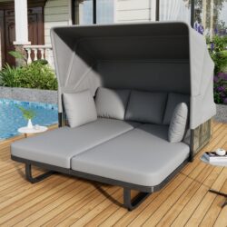 Outdoor Patio Daybed Rattan Daybed Outdoor Sunbed With Detachable Pillows For Patio, Backyard, Pool - Gray