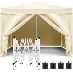 10'X10' Folding Canopy With 4 Removable Sidewalls Outdoor Event Shelter UPF 50+ Gazebo Portable Tents For Parties Beach Camping Wedding Ez Pop Up Canopy 4 Pieces Weight Bag + Carry Bag - Beige