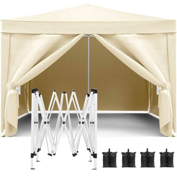 10'X10' Folding Canopy With 4 Removable Sidewalls Outdoor Event Shelter UPF 50+ Gazebo Portable Tents For Parties Beach Camping Wedding Ez Pop Up Canopy 4 Pieces Weight Bag + Carry Bag - Beige
