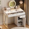 Makeup Vanity Desk With Lighted Mirror, Luxury Dressing Table With 2 Drawers And 1 Cabinet, 3 Lighting Modes Available For Bedroom - White / Gold - Image 9