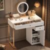 Makeup Vanity Desk With Lighted Mirror, Luxury Dressing Table With 2 Drawers And 1 Cabinet, 3 Lighting Modes Available For Bedroom - White / Gold - Image 4