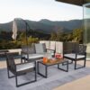 Modern 4 Piece Patio Furniture Set With Acacia Wood Table Top And Beige Cushions - Brown - Image 19