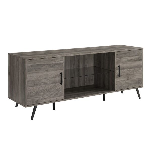 Mid-Century Modern 2 Door 60" TV Stand For 65" TVs With Glass Shelf - Slate Gray