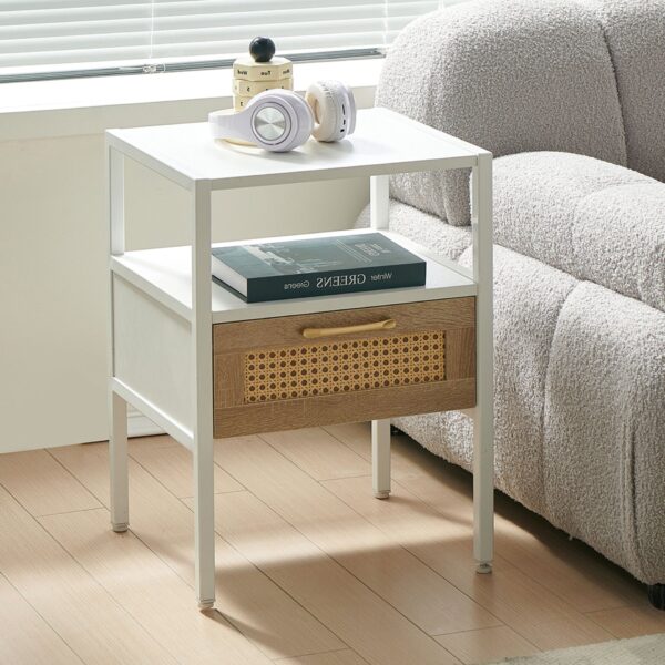 Rattan End Table With Drawer, Modern Nightstand, Metal Legs, Side Table For Living Room, Bedroom - White