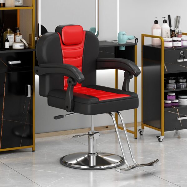 Classic Reclining Barber Chair Salon Chair For Hair Stylist With Heavy Duty Hydraulic Pump, 360° Rotation, Tattoo Chair Shampoo Beauty Salon Equipment, Max Load Weight 330 Lbs - Red / Black