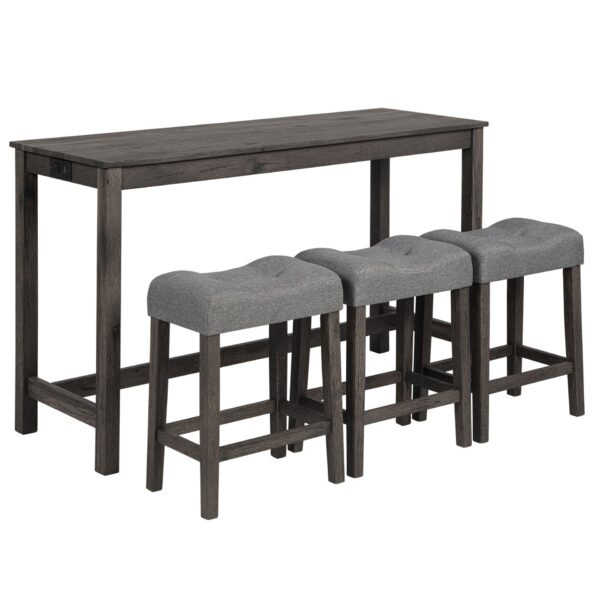 4 Piece Bar Table Set With Power Outlet, Bar Table Set With Chairs, Sofa Bar Table With Stools, Behind Couch Table With 3 Padded Stools, For Living Room, Dining Room - Dark Gray