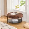 Upholstered Round Ottoman Coffee Table Foot Rest With Metal Legs - Brown - Image 3